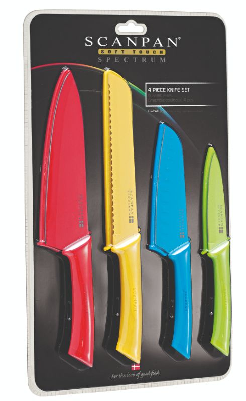 Scanpan 4 Piece Knife Set featuring high-carbon stainless steel blades and ergonomic tri-lobal handles for comfort and precision.