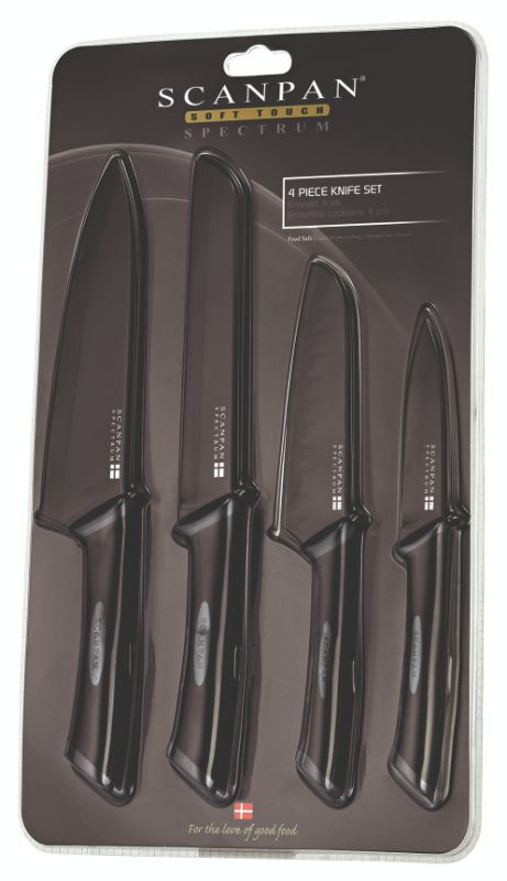 Scanpan Spectrum 4 Piece Knife Set in Black and Grey, featuring non-stick coatings and high carbon stainless steel blades.