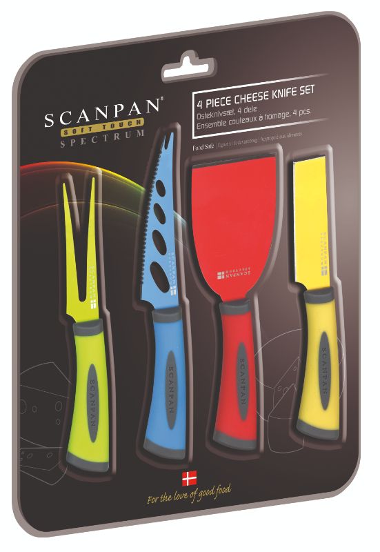 Elegant Scanpan Spectrum 4Pc Cheese Set featuring a knife, spreader, and tools for stylish cheese serving and entertaining.