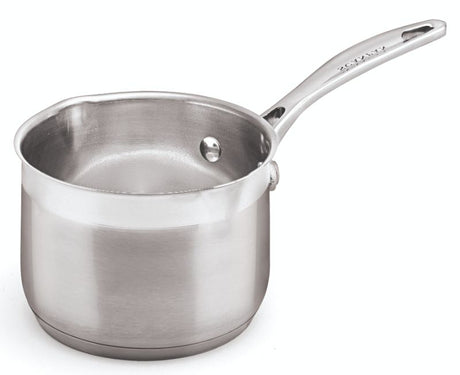 Premium 14cm stainless steel milk pan with elegant finish, optimal heat distribution, and precise drip-free pouring.