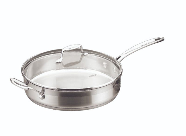 28cm Scanpan sauté pan in stainless steel with tempered glass lid and drip-free design, perfect for all cooktops.