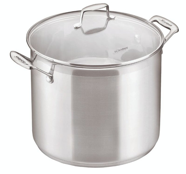 Scanpan Impact 24cm stock pot in stainless steel with tempered glass lid, perfect for soups and stews, compatible with all cooktops.