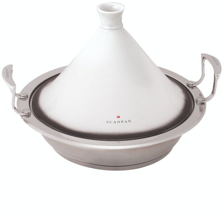 Elegant 28cm Scanpan tagine with ceramic lid, ideal for even cooking and stylish serving, compatible with all heat sources.