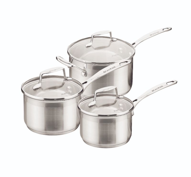 Scanpan Impact 3 Piece Saucepan Set in stainless steel with tempered glass lids for even heat distribution and durability.