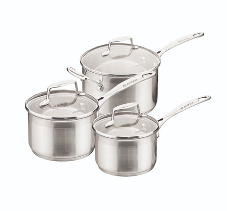 Scanpan Impact 3 Piece Saucepan Set in stainless steel with tempered glass lids for even heat distribution and durability.