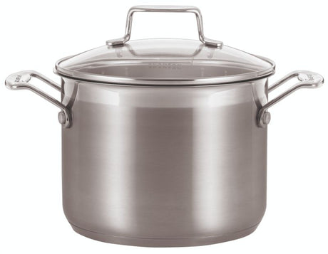 Scanpan Impact 20cm stockpot in stainless steel with glass lid, ideal for versatile cooking and elegant kitchen decor.