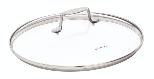 Scanpan Impact 28cm glass lid with stainless steel handle, perfect for locking in flavors and enhancing cooking.