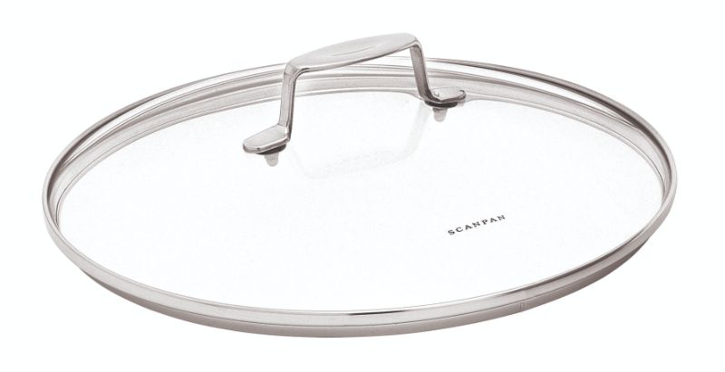 Scanpan Impact 14cm glass lid with stainless steel trim, featuring tempered glass for easy cooking visibility.