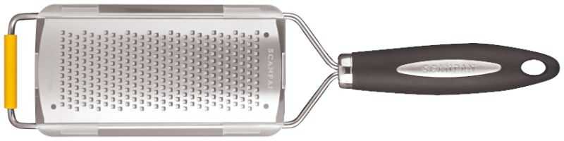 Scanpan Grater Fine/Zester 2mm in yellow with stainless steel surface, ergonomic handle, and protective cover for safe storage.