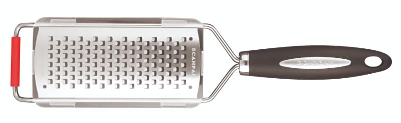 Scanpan Medium Grater in red with stainless steel, ergonomic grip, and protective cover for safe and easy grating.