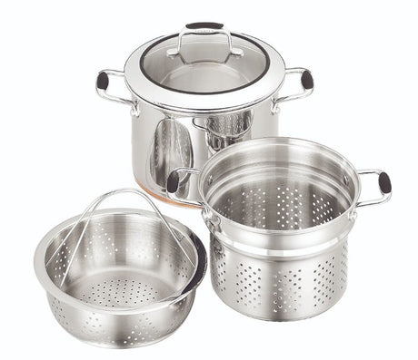 24cm SCANPAN Multipot Set with 7.2L capacity, copper base, tempered glass lid, and ergonomic handles for versatile cooking.