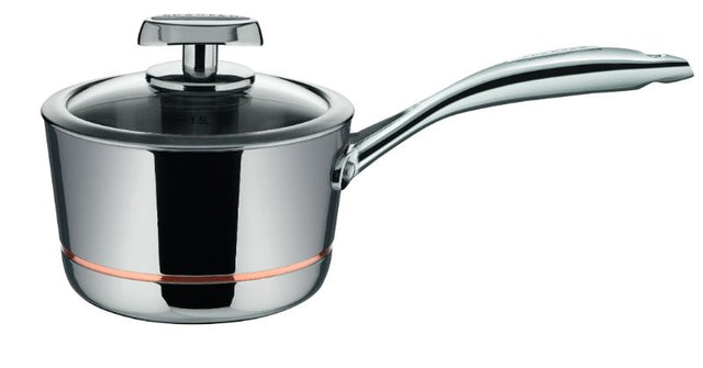 16CM SCANPAN Axis saucepan with stainless steel body, copper core for even heat, tempered glass lid, and ergonomic handle.