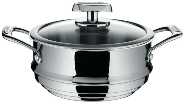 Multi Steamer Insert - Scanpan Axis, 20cm: High-grade stainless steel steamer with glass lid, fits 16-20cm pots, ergonomic handles.