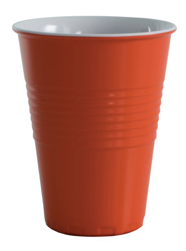 Vibrant orange two-tone melamine cup, 400ml, perfect for outdoor dining, lightweight and stylish for any occasion.