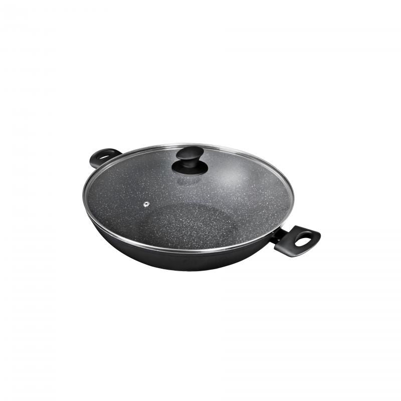 Pyrolux Pyrostone 36cm wok with lid, featuring durable non-stick surface, heat-resistant glass lid, and ergonomic handles.