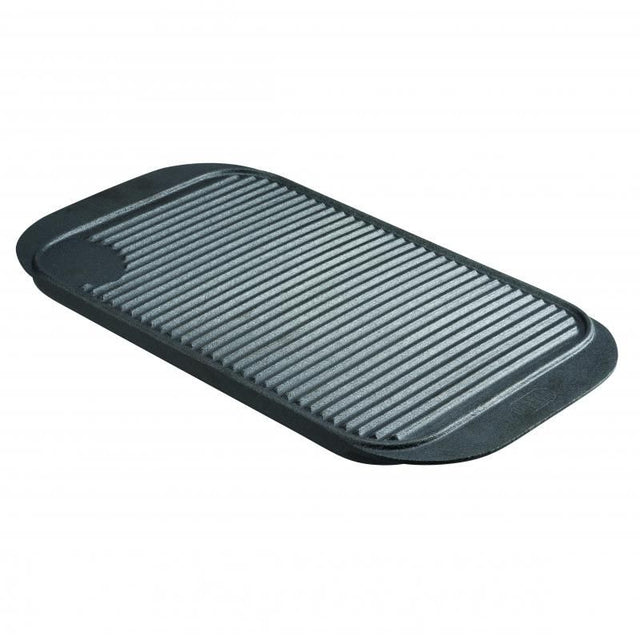 Durable 48cm Pyrolux Pyrocast Grill Tray with ribbed grooves and flat sides for versatile grilling and easy handling.