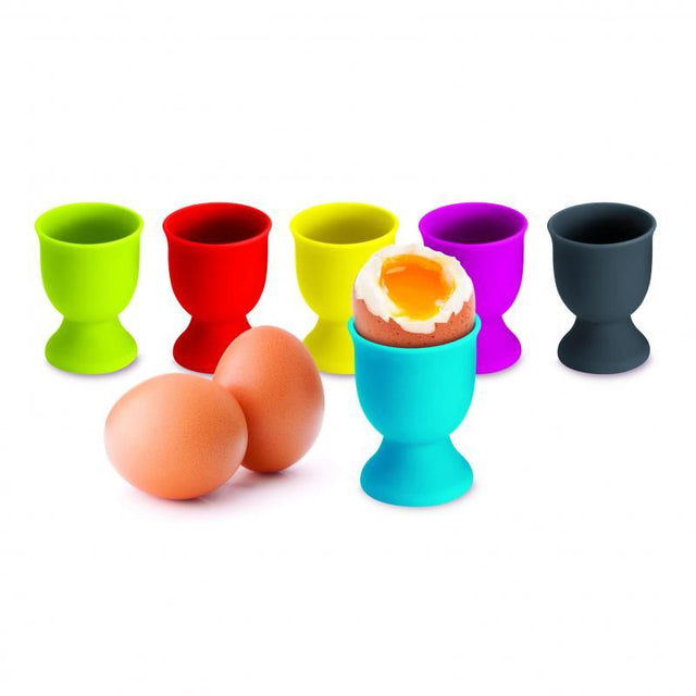 Colorful Avanti Silicone Egg Cups in a tub of 24, perfect for serving soft-boiled eggs at breakfast with easy cleanup.