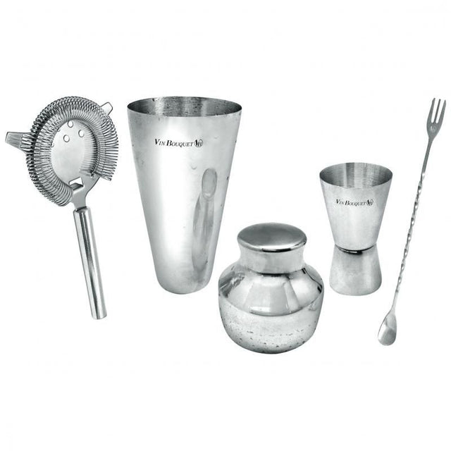 Premium Vin Bouquet Cocktail Set featuring essential stainless steel tools for home mixologists and cocktail enthusiasts.