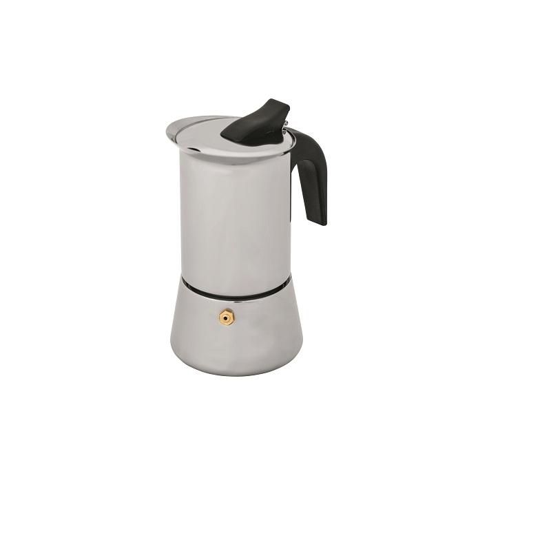 Avanti Inox Espresso Maker brews 4 cups of espresso with stylish stainless steel design and safe, easy handling features.