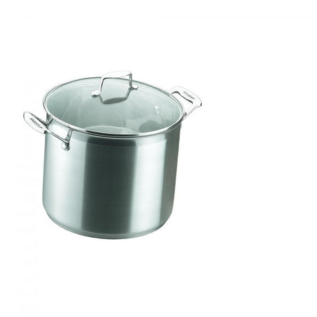 Scanpan Impact Stock Pot 26cm/11L in stainless steel with glass lid, ideal for even cooking and easy serving for family meals.