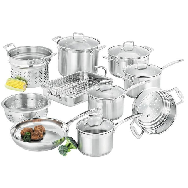 10 Piece stainless steel cookware set with glass lids, drip-free pouring rim, 6.4mm thick base, and sleek design for all kitchens.