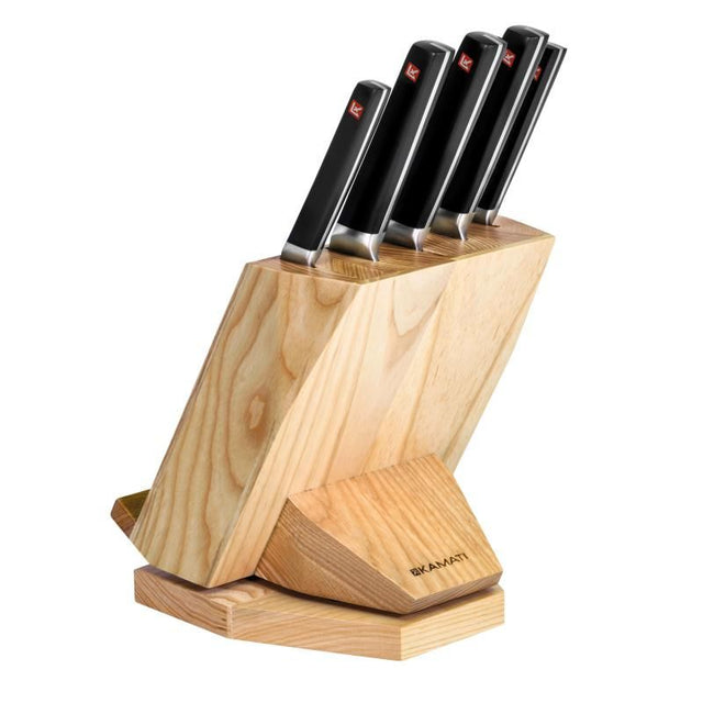 Kamati 6 Piece Knife Block Set featuring premium Japanese stainless steel knives and an elegant Ash Wood block with tablet holder.