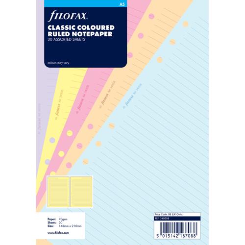 Filofax Organiser Refill A5 Notepaper Ruled Assorted Colours