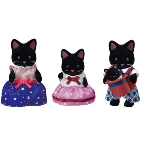 Midnight Cat Family figurines showcase a magician father, fortune-teller mother, helpful daughter, and aspiring son in detailed outfits.