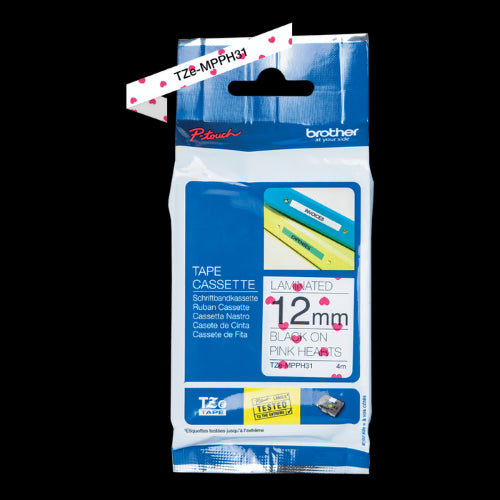 Brother TZeMPPH31 12mm Tape Black on Pink Hearts