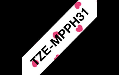 Brother TZeMPPH31 12mm Tape Black on Pink Hearts