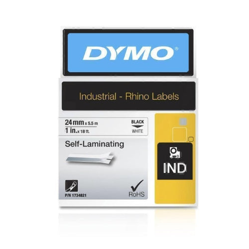 Dymo Rhino 24mm x 5.5mt Black on White Vinyl Self Laminating Tape
