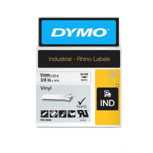 Dymo Rhino 9mm x 5.5mt Black on White Label Tape (18443)