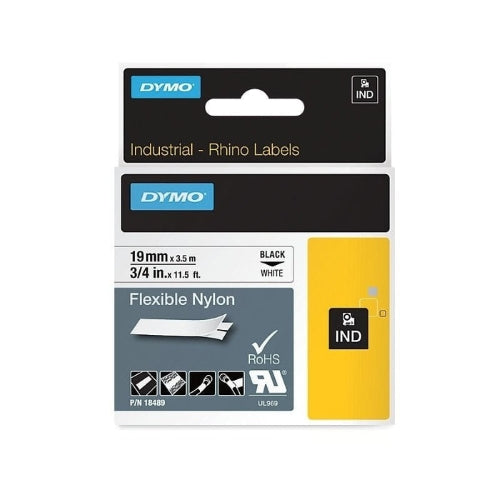 Dymo 18489 Rhino Nylon Labels, 19mm x 3.5mt, Black on White