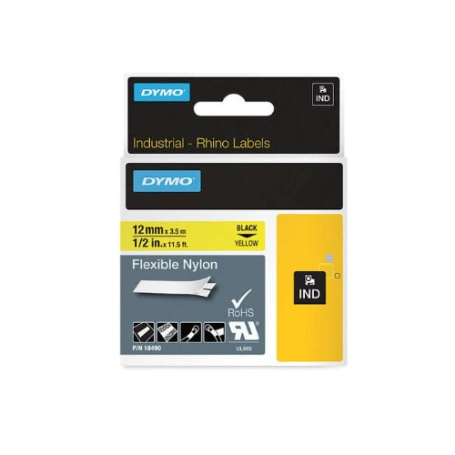 Dymo 18490 Rhino Nylon Labels, 12mm x 7mt, Black on Yellow