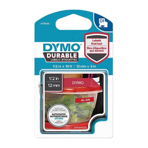 Dymo D1 White on Red 12mm x 3m Label Tape