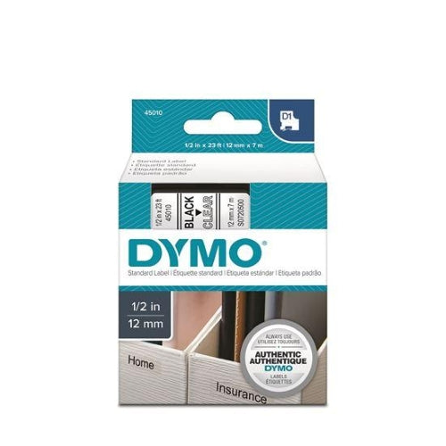 Dymo D1 Tape 12mm Black on Clear (45010)