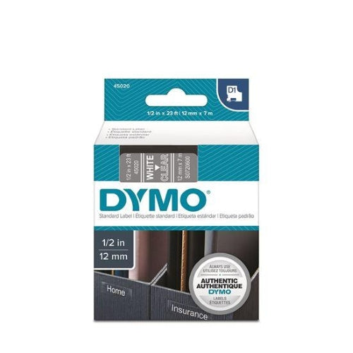 Dymo D1 Tape 12mm White on Clear (45020)