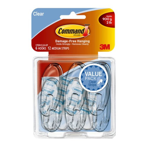 3M Command Hook 17091CLR-VP-6 Medium Clear Value Pk/6