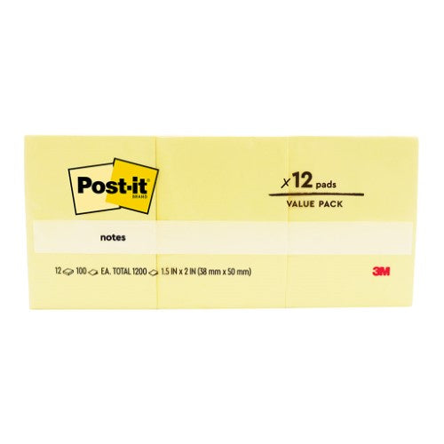 3M Post-it Notes Yellow 653-Y 35x48mm 100 sheet pads Pkt/12