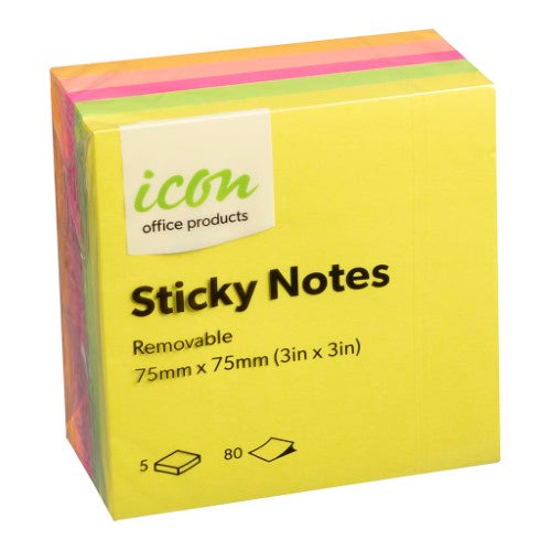 Icon Sticky Notes 75mm x 75mm Neon 5 Pack