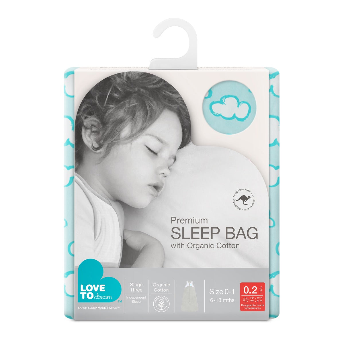 Love to DreamSleep Bag Organic Lite 0.2 TOG - Clouds Turquoise - 12-24 months