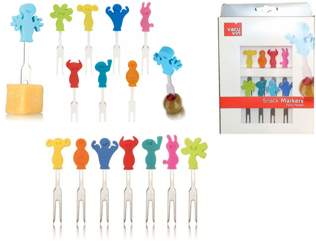 Colorful set of 8 quirky snack markers with cartoon characters for easy snack identification at parties.