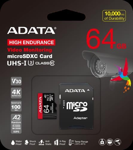ADATA High Endurance microSDXC UHS-I U3 A2 V30 Card with Adapter 64GB