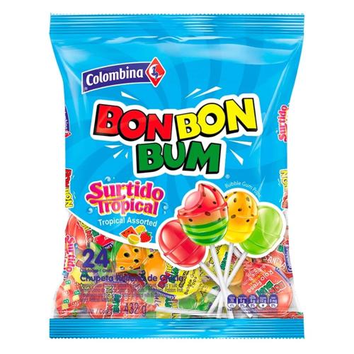 Tropical Lollipops With Bubblegum Centre Bon Bon Bum Pack of 24
