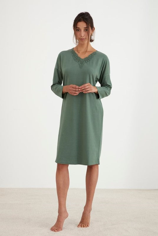 Luxurious knee-length knit nightie with lace detailing, long sleeves, made of soft cotton blend, size small.