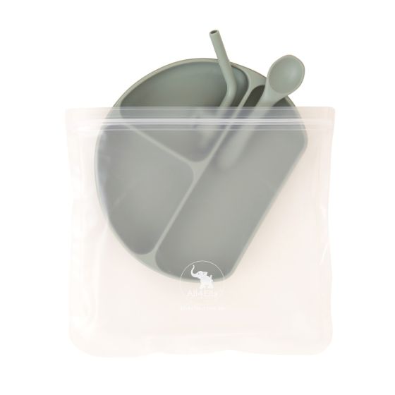 Silicone Plate With Straw & Spoon - Olive - All4Ella