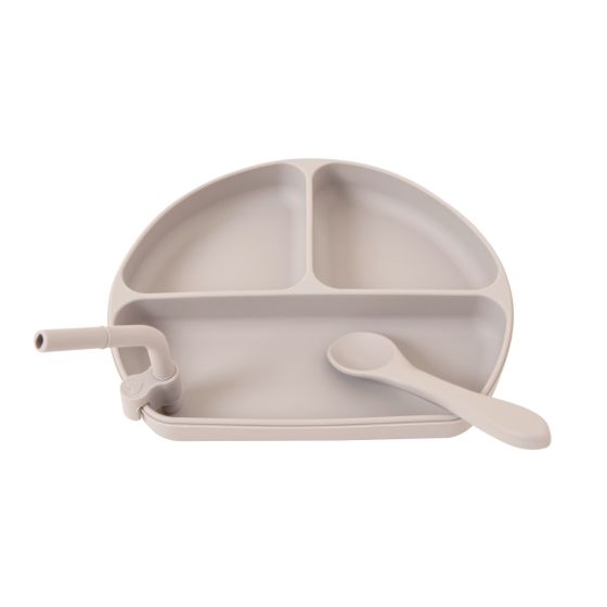 Silicone Plate With Straw & Spoon - Stone - All4Ella