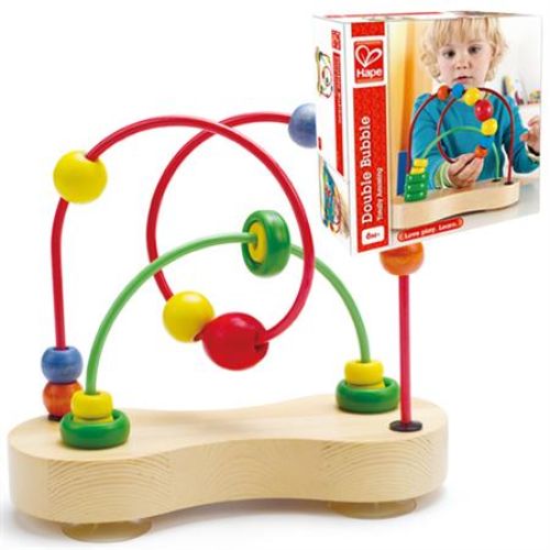 Colorful Hape Double Bubble playset encouraging maze navigation, enhancing fine motor skills, and problem-solving for ages 6 months and up.