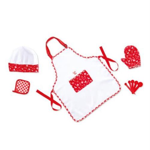 Child's chef playset featuring hat, apron, oven mitt, potholder, and five measuring spoons for imaginative cooking fun.