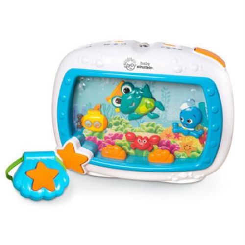 Aquarium crib soother with melodies, lights, and remote control for a calming bedtime experience.